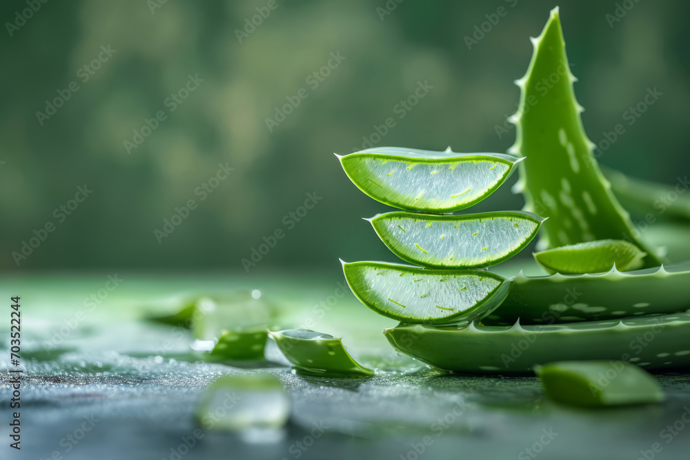 Slices of aloe vera on green background. Natural organic cosmetics and herbal medicine. Natural extract for skin care - obrazy, fototapety, plakaty 
