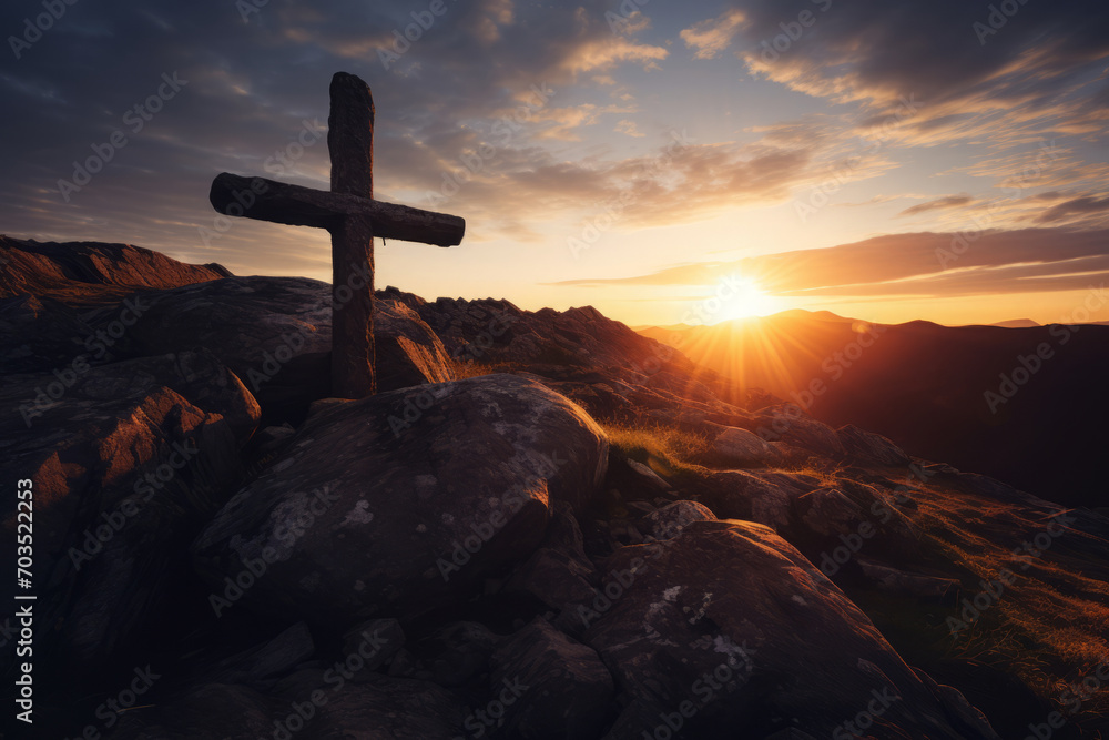 Concept of faith in God. Silhouette of a religious cross on mountain peak at sunset. Hope for salvation, request for help to heaven - obrazy, fototapety, plakaty 