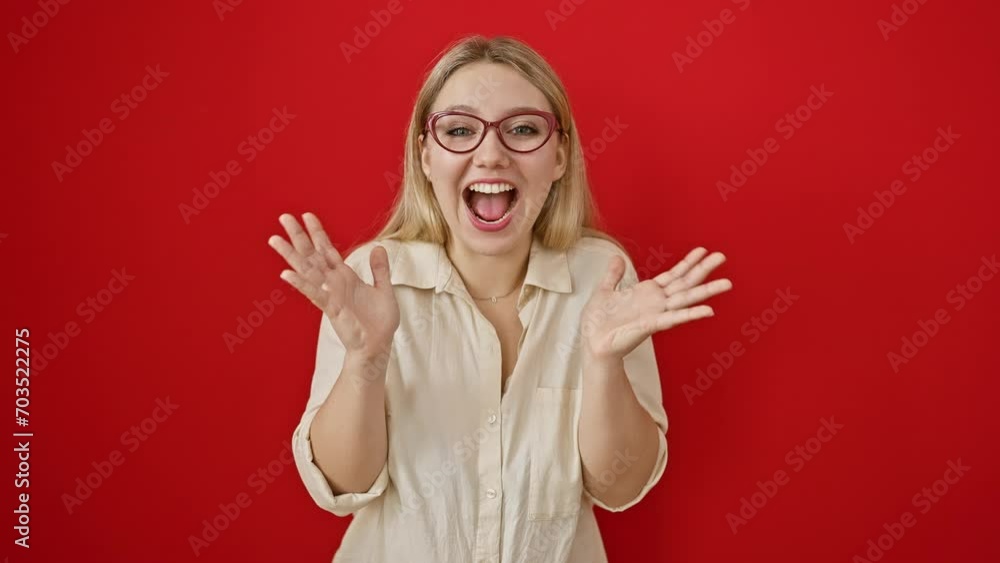 Young blonde woman wearing glasses, standing over isolated red background, celebrating success! excited, a victorious yes! positive, joyful expression of achievement. Young blonde woman wearing glasses, standing over isolated red background, celebrating success! excited, a victorious yes! positive, joyful expression of achievement.