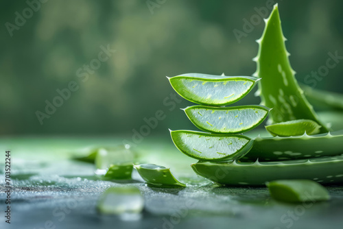Slices of aloe vera on green background. Natural organic cosmetics and herbal medicine. Natural extract for skin care photo