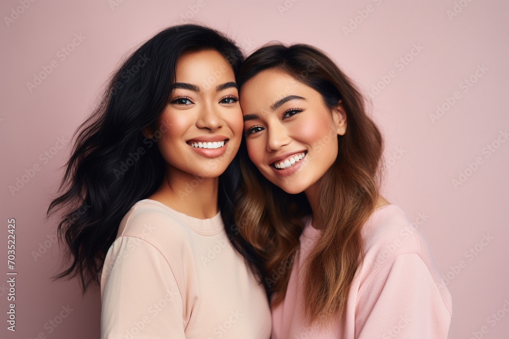 Two beautiful Asian girls smiling hugging each other on pastel background. Generative AI. - obrazy, fototapety, plakaty 