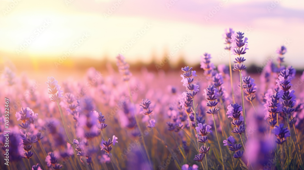 Naklejka premium Wide field of lavender in summer sunset, panorama blur background. Autumn or summer lavender background. Shallow depth of field.