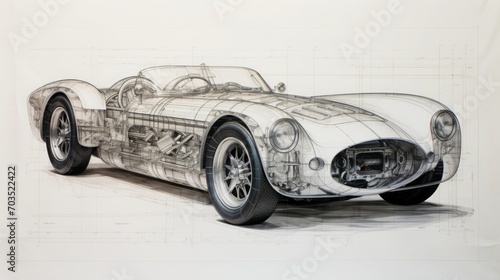 mechanical drawing of a sports car, copy space, 16:9 photo
