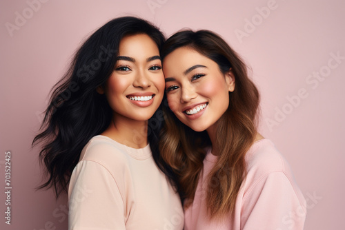 Two beautiful Asian girls smiling hugging each other on pastel background. Generative AI. photo