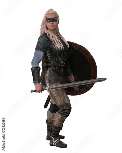 Viking shield maiden warrior woman standing with sword and shield. Isolated 3D illustration.