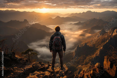 Man silhouette standing on rocky cliff peak enjoying view. Generative AI.