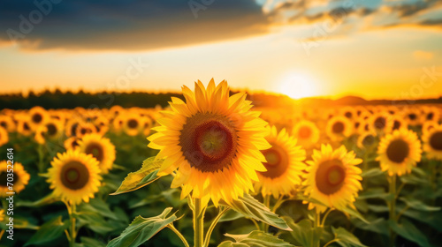 Wide field of sunflowers in summer sunset, panorama blur background. Autumn or summer sunflowers background. Shallow depth of field.