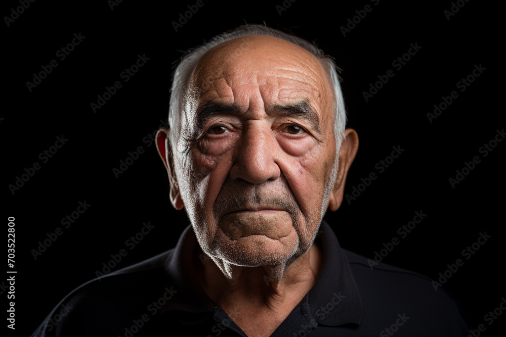 Portrait of a serious senior man with grey on dark background. Generative AI. Portrait of a serious senior man with grey on dark background. Generative AI.