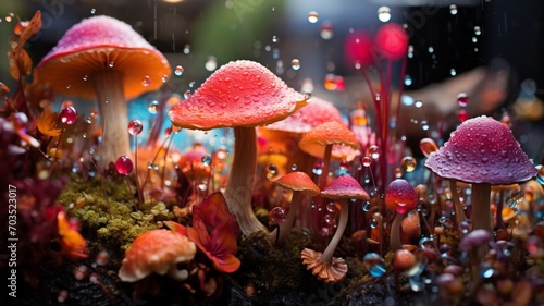 A dew-kissed mushroom patch in surreal rainbow hues, surrounded by the rich textures of a garden. -Generative Ai