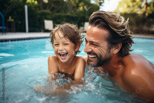 Portrait of happy family. Father and son funny in water pool at summer day. Generative AI. photo