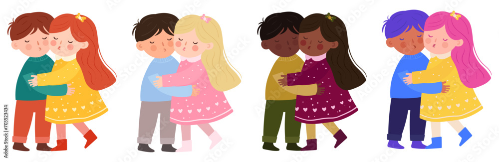 set of vector illustrations of hugging couple, guy and girl, cute, different races and ethnicities, diversity, black, white, brown, modern illustration set of vector illustrations of hugging couple, guy and girl, cute, different races and ethnicities, diversity, black, white, brown, modern illustration