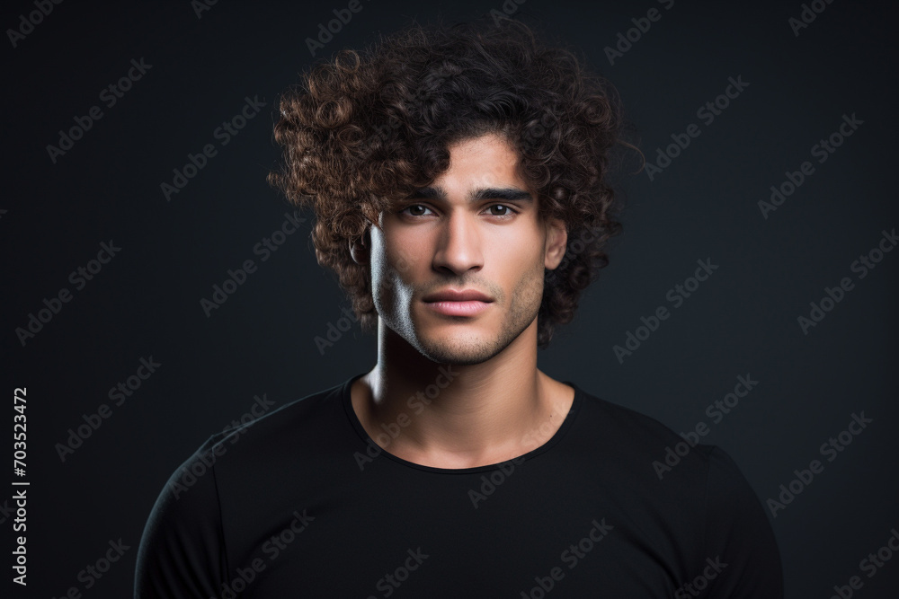 Obraz premium Portrait of attractive confident young man relaxed and serious on black background. Generative AI.