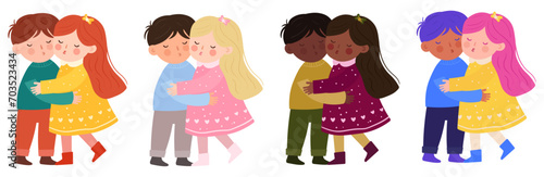 set of vector illustrations of hugging couple, guy and girl, cute, different races and ethnicities, diversity, black, white, brown, modern illustration