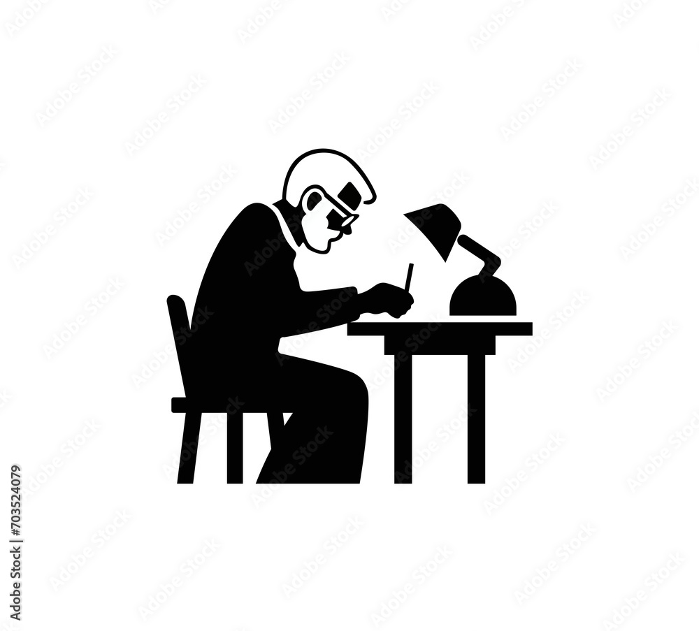 Vector illustration of a silhouette of a sitting man wearing glasses at an office desk Vector illustration of a silhouette of a sitting man wearing glasses at an office desk