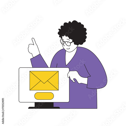 Contact us concept with cartoon people in flat design for web. Woman getting notification of new email with answering her questions. Vector illustration for social media banner, marketing material.