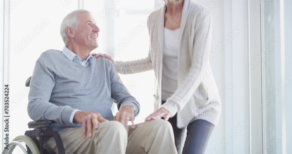 Wheelchair, caregiver and senior couple in home for care, medical support and helping in living room. Retirement, love and happy man, woman and nurse for bonding, relationship and relax together Wheelchair, caregiver and senior couple in home for care, medical support and helping in living room. Retirement, love and happy man, woman and nurse for bonding, relationship and relax together