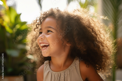 Closeup portrait of a cute girl smiling broadly outdoors enjoying summer day. Generative AI.