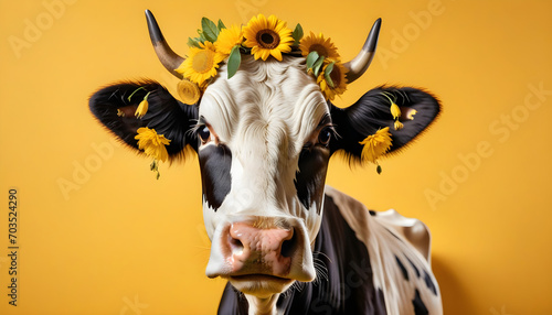 Cow on yellow background in boho style. Humanization of animals concept © Antonio Giordano