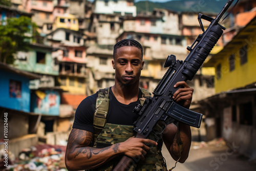 Black man wearing military uniform holding a rifle. Blurred slum in the background. Generative AI. photo