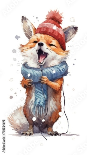 Cute watercolor Christmas fox singing