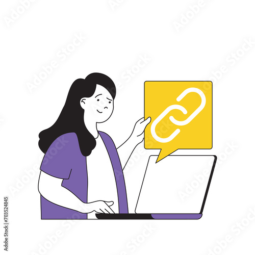 Contact us concept with cartoon people in flat design for web. Woman sharing link with business social media and other info to client. Vector illustration for social media banner, marketing material.