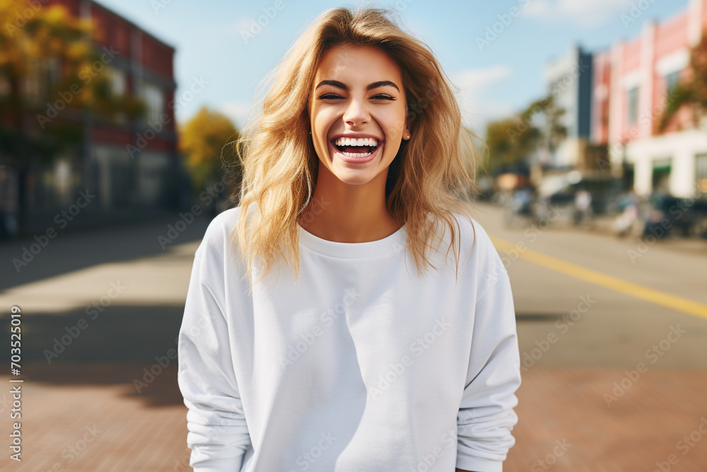 Portrait of young beautiful blond laughing woman standing on the street. Generative AI.