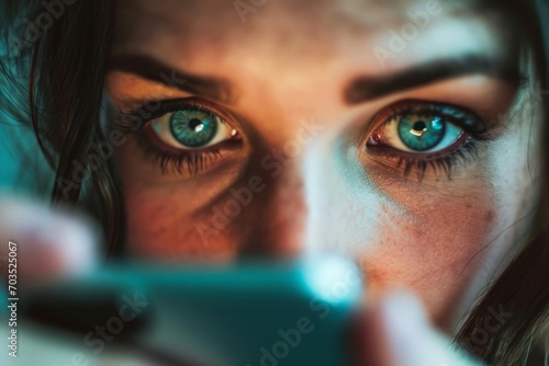 Staring at a phone with eyes bulging out, intense look, eyes looks like they hurt