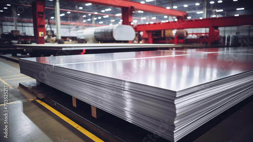 Stack of stainless steel sheets in a warehouse or production hall photo