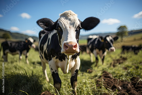 Black and white cows in a grassy field on a bright and sunny day © Irina Mikhailichenko