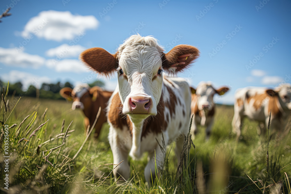 Brown and white cows in a grassy field on a bright and sunny day Brown and white cows in a grassy field on a bright and sunny day