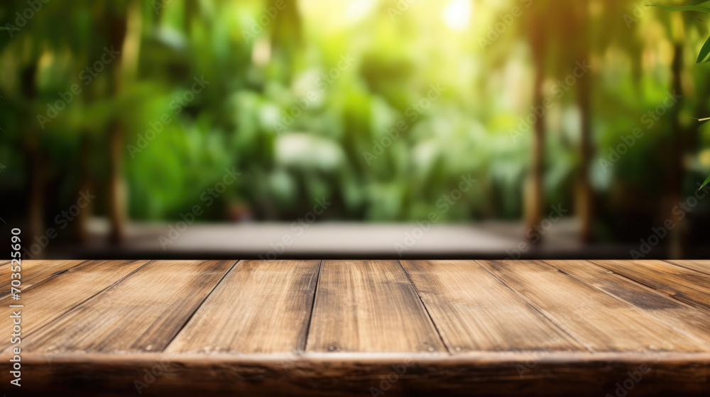 Empty Old Bamboo Table with Blurred Garden Theme in Background, Perfect for Product Display. Empty Old Bamboo Table with Blurred Garden Theme in Background, Perfect for Product Display.