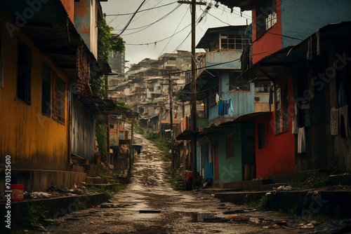 Urban landscape of a poor neighborhood. Slum with crowded houses.Generative AI. photo