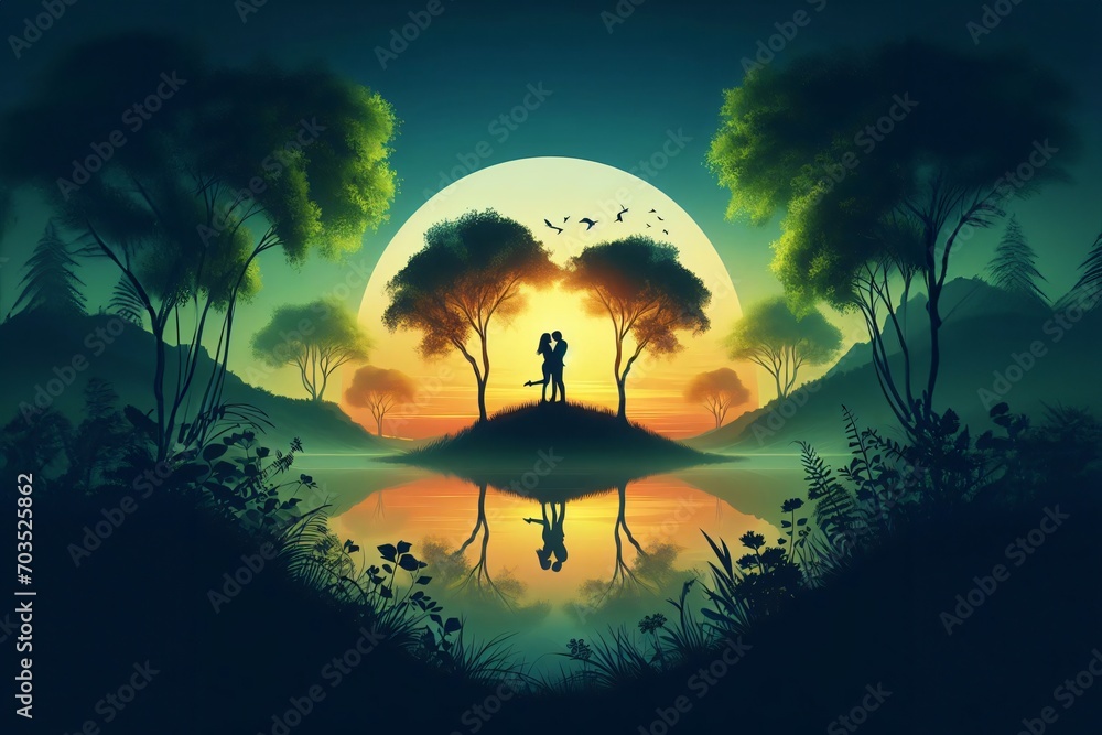 A couple embracing by a serene lake, framed by lush foliage and a mesmerizing sunset