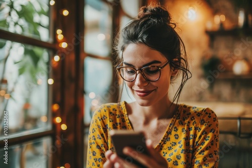 Woman staring at a phone with happy look photo