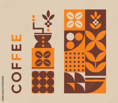 Illustration with coffee mill for café and restaurant. Design minimalistic print with coffee branch and geometric flat shapes. Vector pattern for coffee shop, café, concept menu, poster, background.