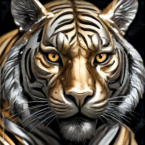 Tiger made of silver and gold on black background - abstract artwork