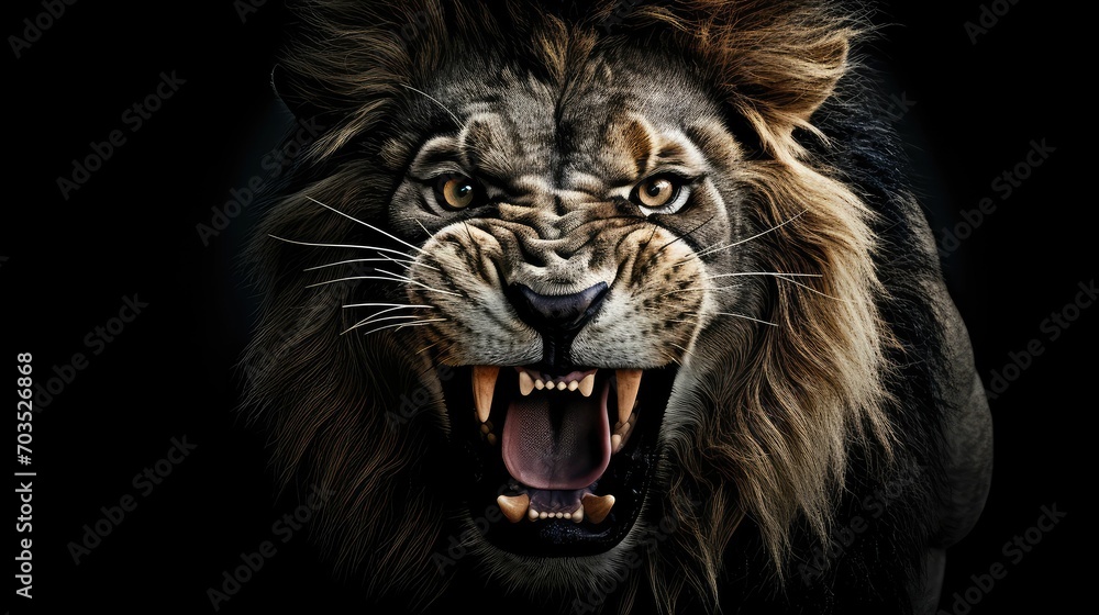 Fototapeta premium Portrait of a roaring lion with an aggressive look