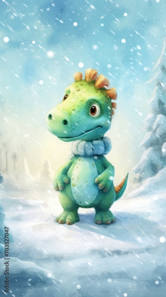 Christmas dinosaur in winter background Christmas dinosaur in winter background