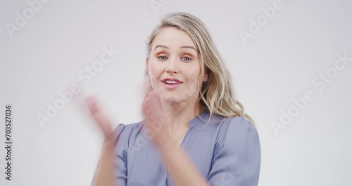 Wallpaper Mural Emoji, wow and hands on face of happy woman in studio with announcement, news or giveaway promo on grey background. Excited, omg and portrait of female model with shock gesture for bonus or lottery Torontodigital.ca