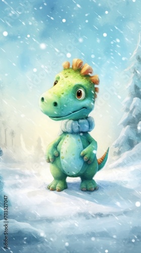 Christmas dinosaur in winter background © Oksana
