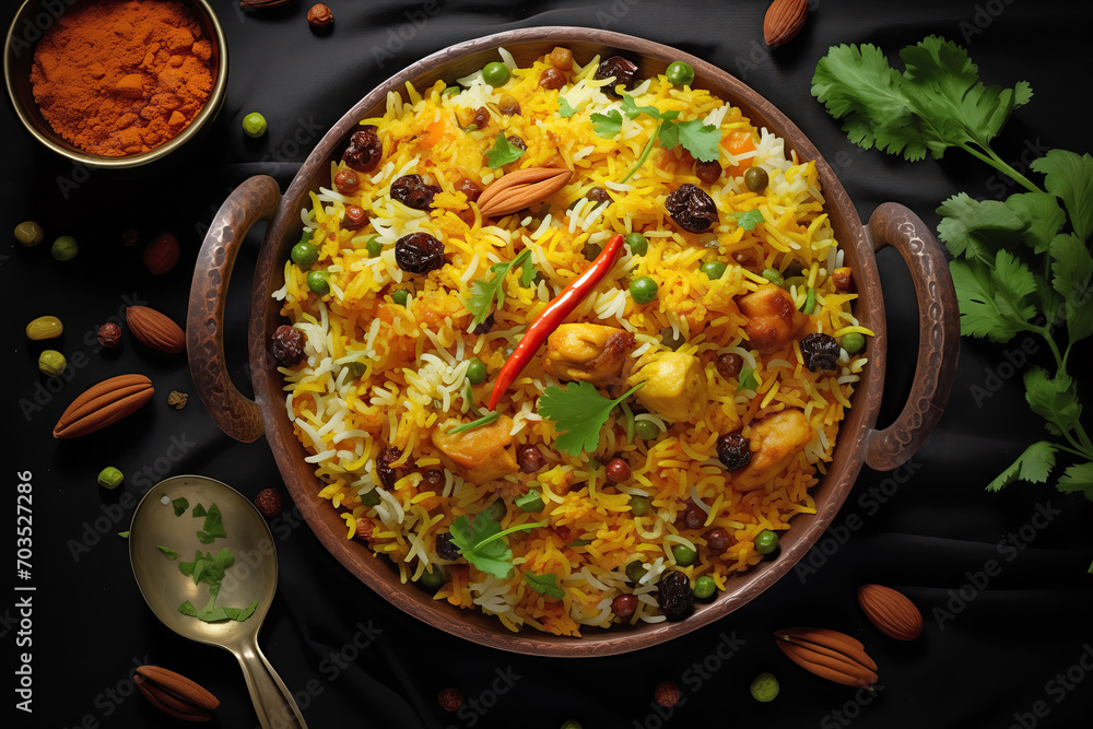A top view of a delicious serving of chicken biryani, garnished with almonds, raisins, and fresh coriander leaves. Served in a traditional clay pot on a dark backdrop.