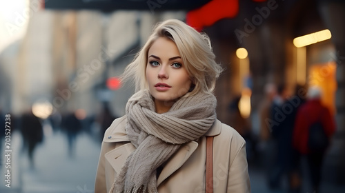 Portrait of a blonde girl in a grey scarf on the street