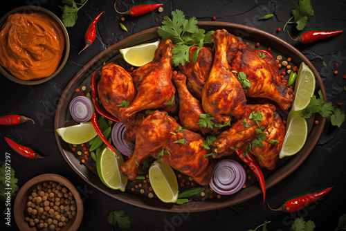 Indian Tandoori Chicken with Lime and Spices on Rustic Wooden Surface. Delicious, mouthwatering, and aromatic Indian cuisine.