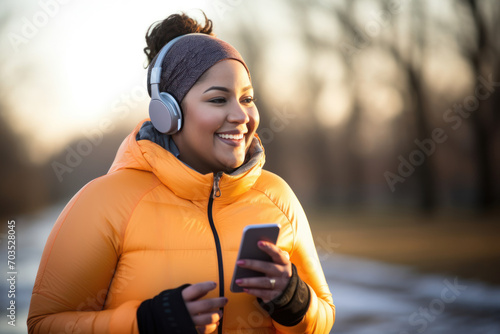Plus size Hispanic woman jogging and listening music with headphones using smartphone outside in winter park to lose weight