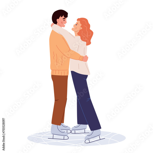 Loving Couple Winter Date. Ice skating, winter sport, flat vector illustration isolated on white. Young couple on holiday, weekend on ice rink, winter vacation, outdoor activity. Romantic Sparetime