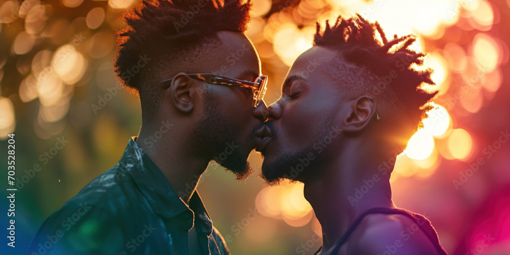 African American gay couple kissing on bokeh background. LGBTQ pride month. Two young men kissing and hugging. Young men romantic family in love. Happiness love dating concept - obrazy, fototapety, plakaty 