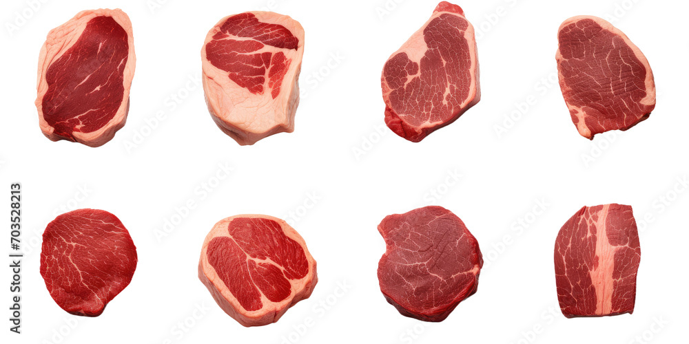 Set of different raw steaks, top view, isolated a transparent background Set of different raw steaks, top view, isolated a transparent background