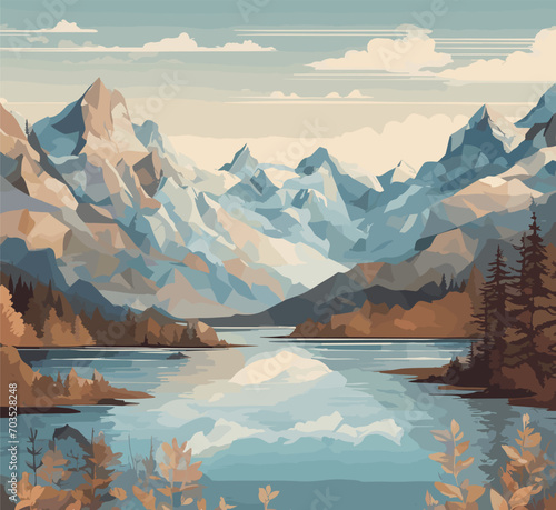 Design an intricate vector illustration of a pristine snowy mountain range, where a serene lake reflects the towering snow-covered peaks in the foreground, while a cloudy sky in the background adds a	