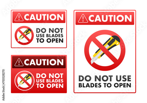 Safety warning signs vector illustration indicating not to use blades for opening packages, suitable for workplace safety and package handling instructions.