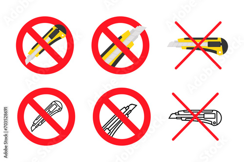 Prohibition signs vector illustration set forbidding stationery knives and cutters, ideal for safety guidelines and restricted tool use policies.